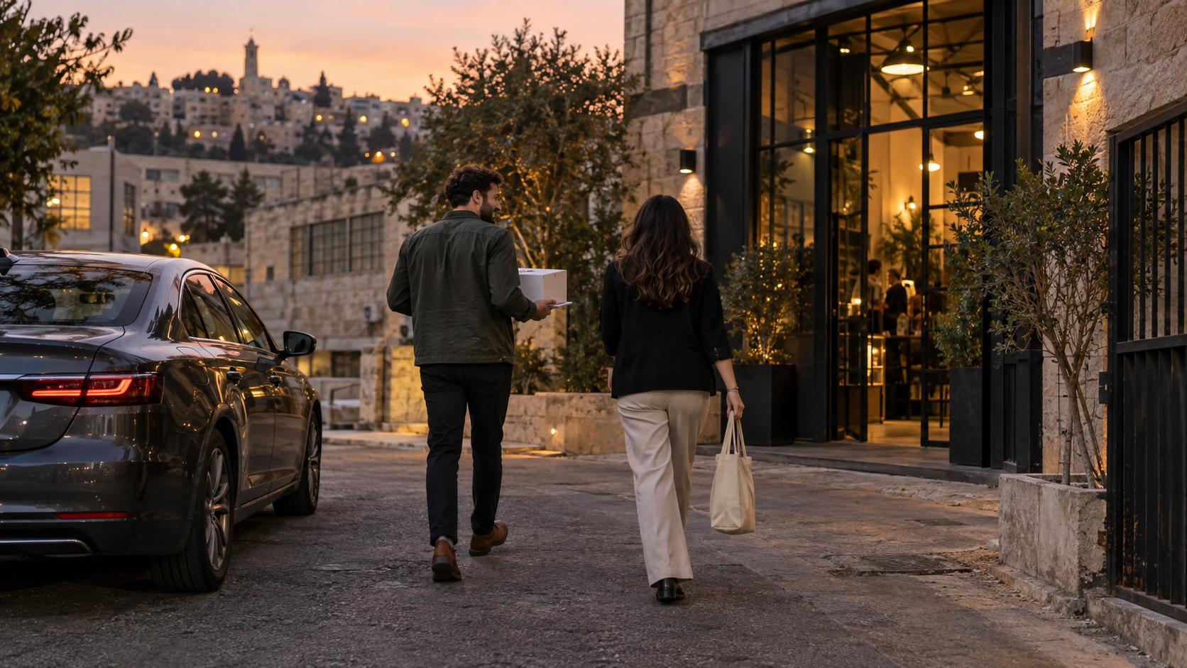 אורחים מגיעים ברגל מחניה סמוכה ללופט בתלפיות