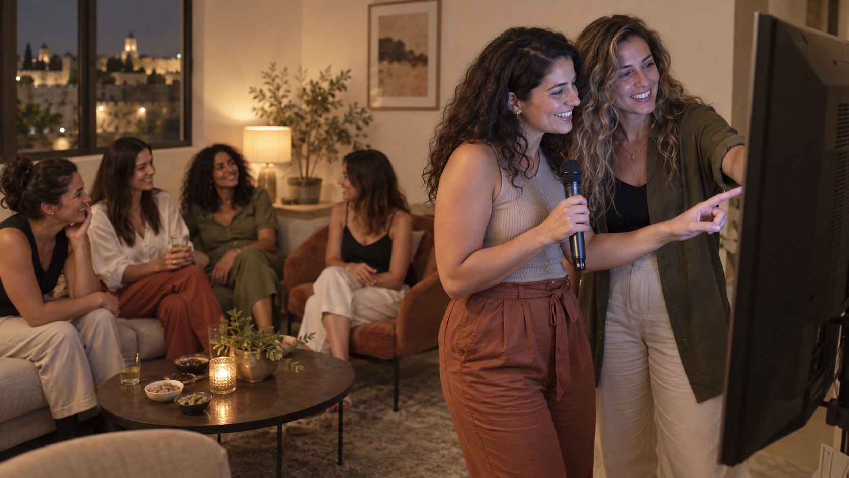 חברות בוחרות שיר בקריוקי בזמן מסיבת רווקות קטנה